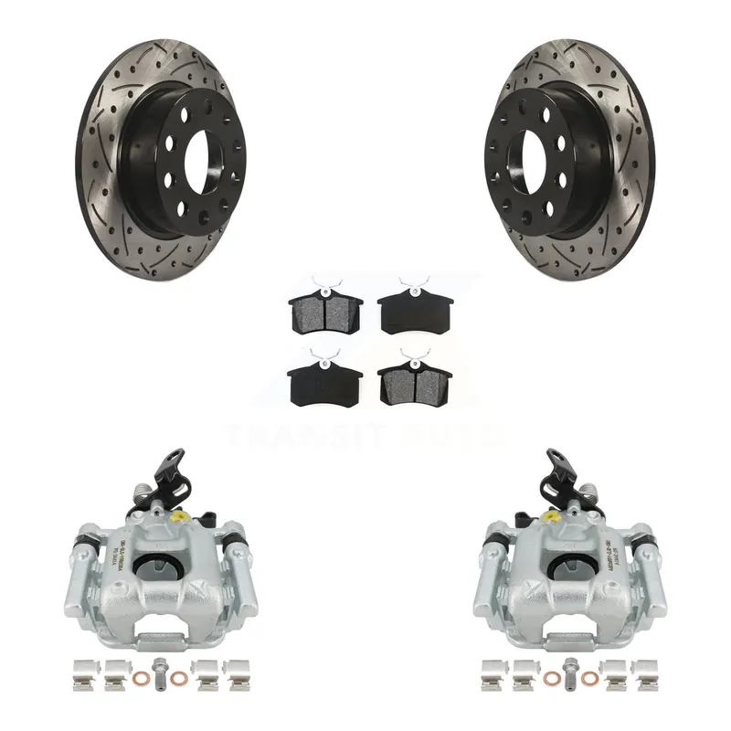 Genuine Rear Brake Caliper Drill Slotted Rotor Semi-Metallic Pad Kit For 2010 Audi A3 GAS engine KCD-100435S