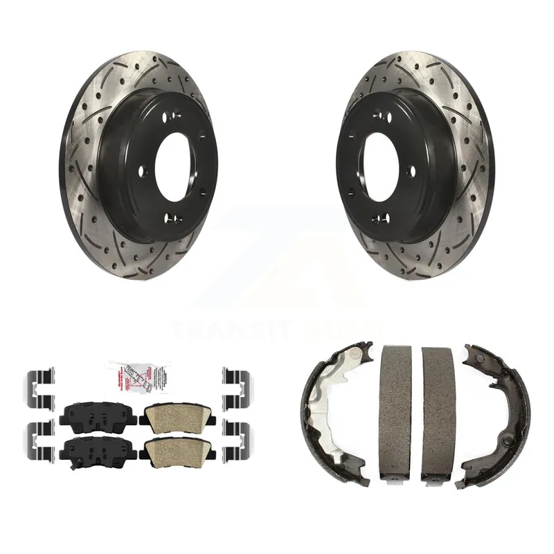 Same Day Shipping Rear Disc Drilled & Slotted Rotors Ceramic Pads Parking Shoes Kit For 2014 Kia Forte Koup KDA-103409